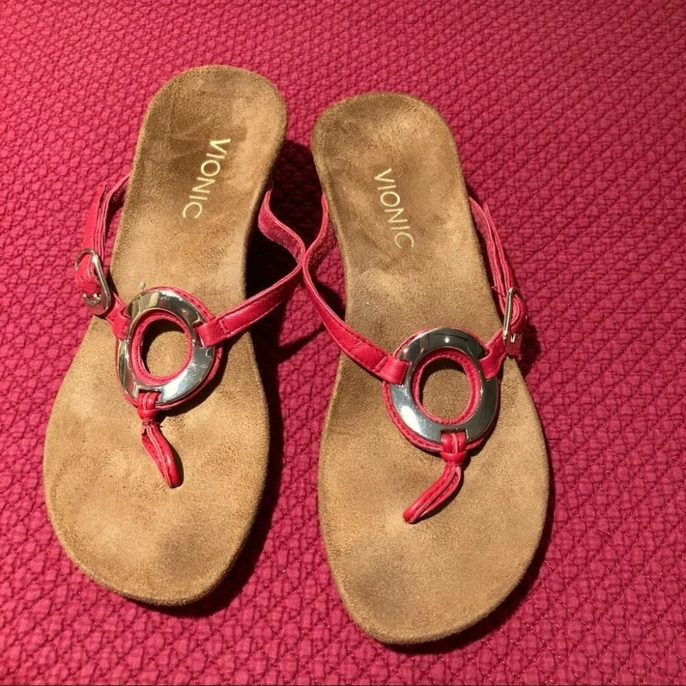 VIONIC Sz 5 Park Orchid Leather Thong Wedge  Suede Insole Sandals - Picture 2 of 9